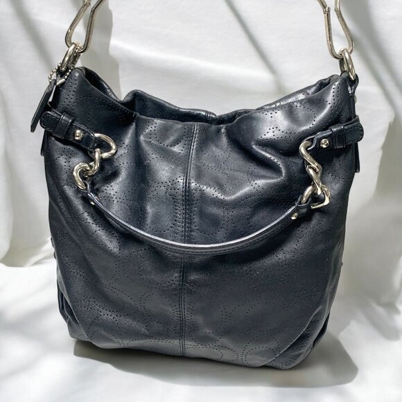 Brooke Perforated Leather Convertible Hobo Shoulder Bag Black 13" x 12" #16908 - Picture 6 of 11